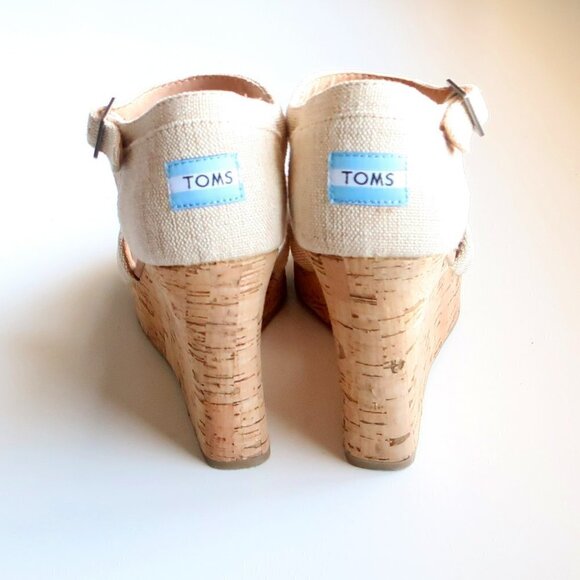 Toms Beige Canvas Ankle Strap Cork Platform Wedge Heel Sandals / Summer Shoes - Picture 6 of 16